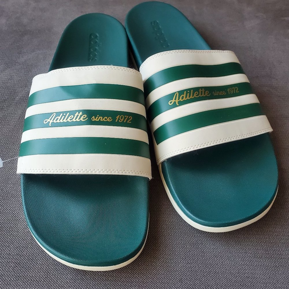 NEW Adidas Men Sandals Size 18 Adilette Green Cream Golden - Picture 1 of 5